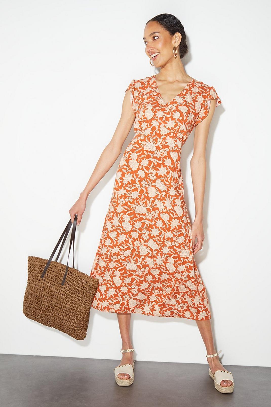 Rust Tall Floral Ruffle Sleeve Button Midi Dress​ image number 1