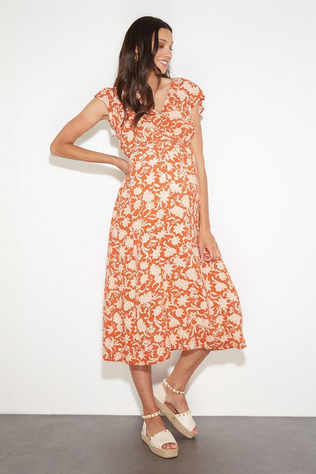 Rust Maternity Floral Ruffle Button Midi Dress image number 1