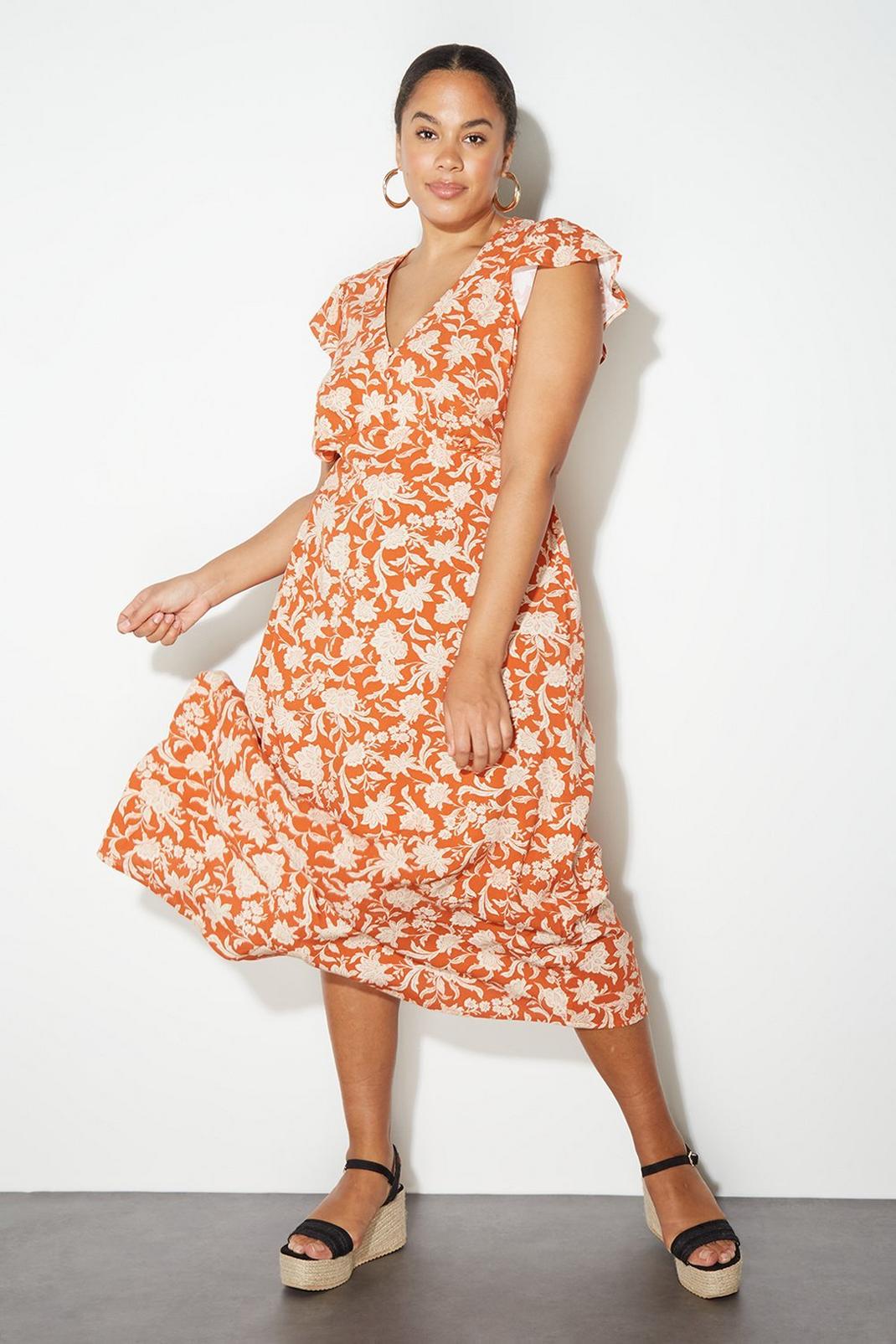 Rust Curve Floral Ruffle Sleeve Button Midi Dress image number 1