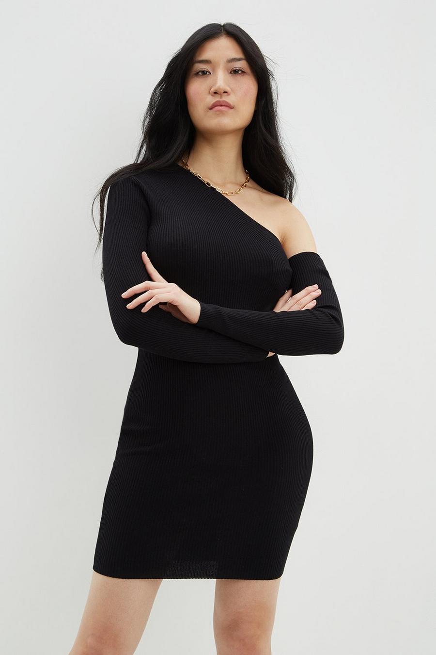 Black Asymmetric Shoulder Knitted Dress