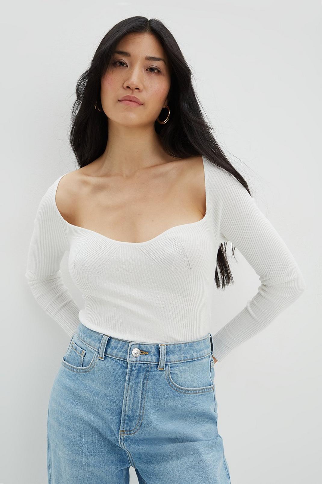 Ivory Square Neck Knitted Rib Top image number 1