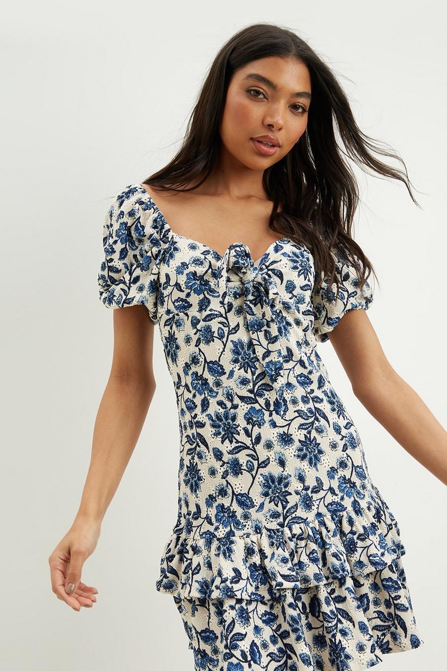Floral Broderie Tie Front Ruffle Dress