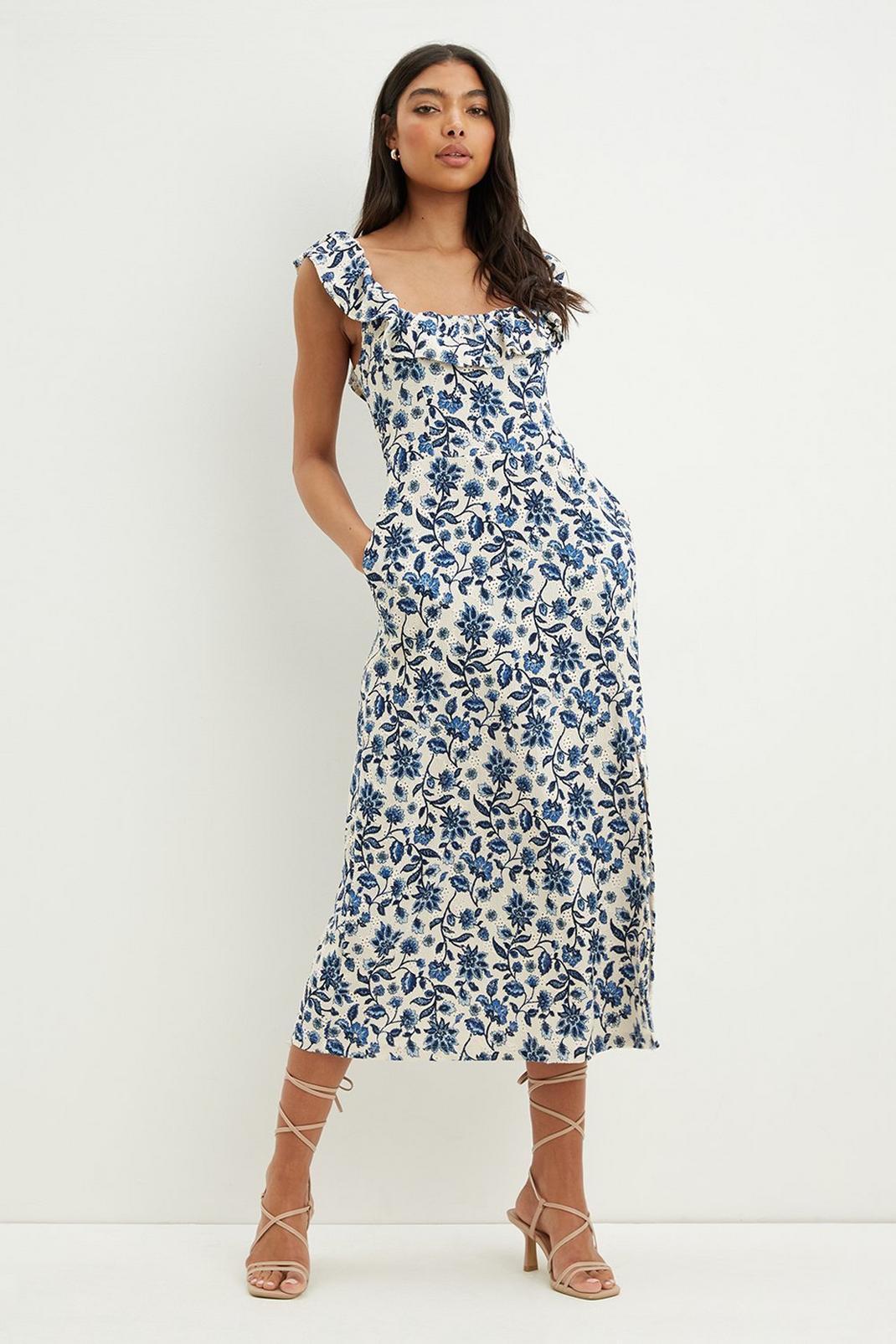 Blue Floral Textured Broidery Tie Back Midi Dress image number 1