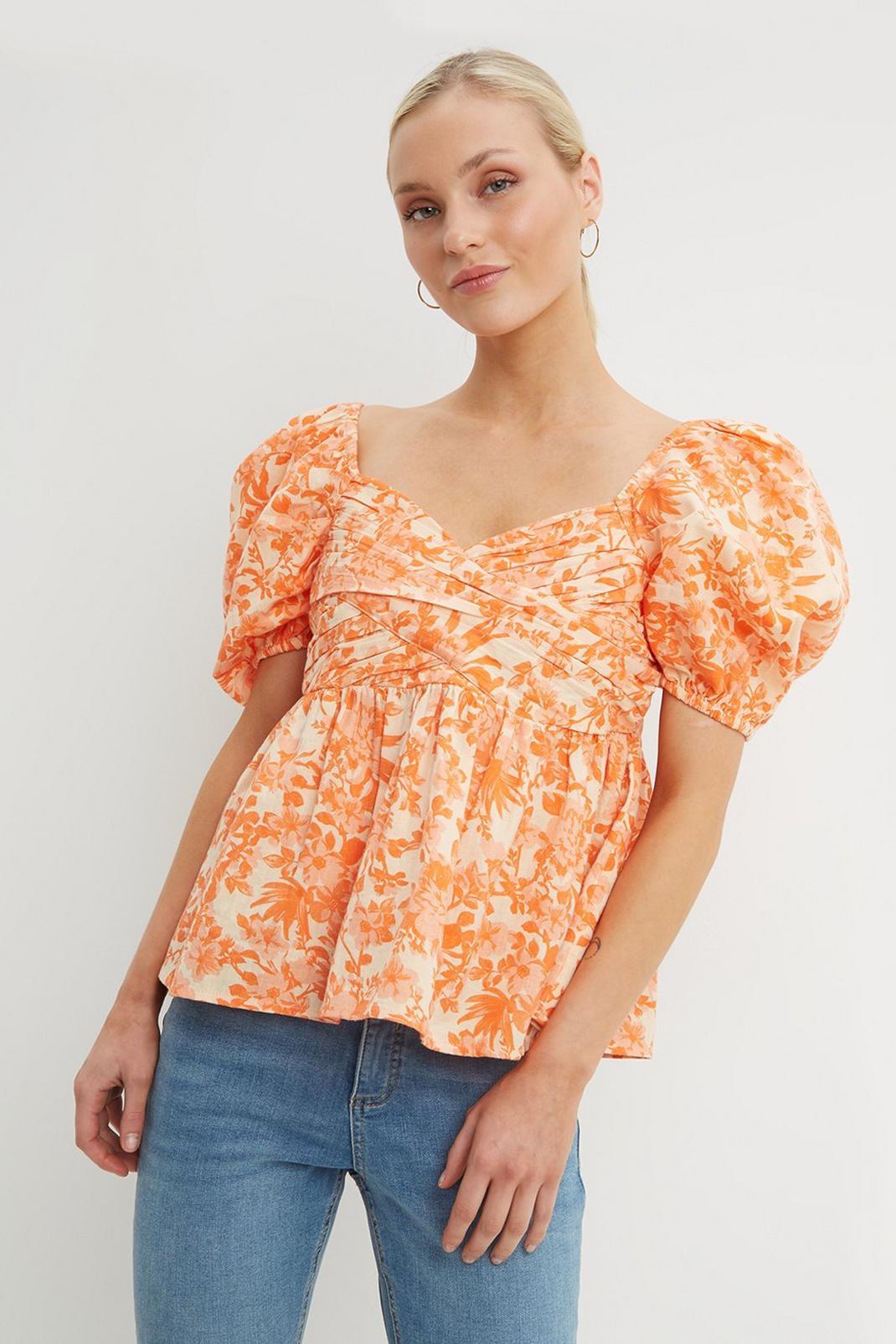 Peach Petite Floral Ruched Sleeve Top image number 1