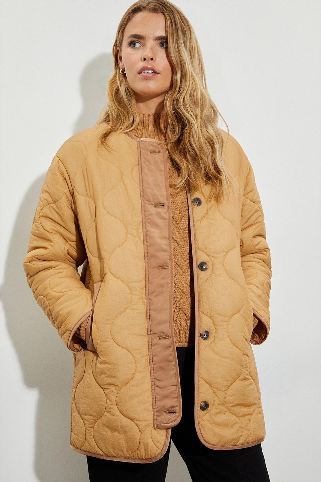 Camel Collarless Contrast Quilted Jacket image number 1