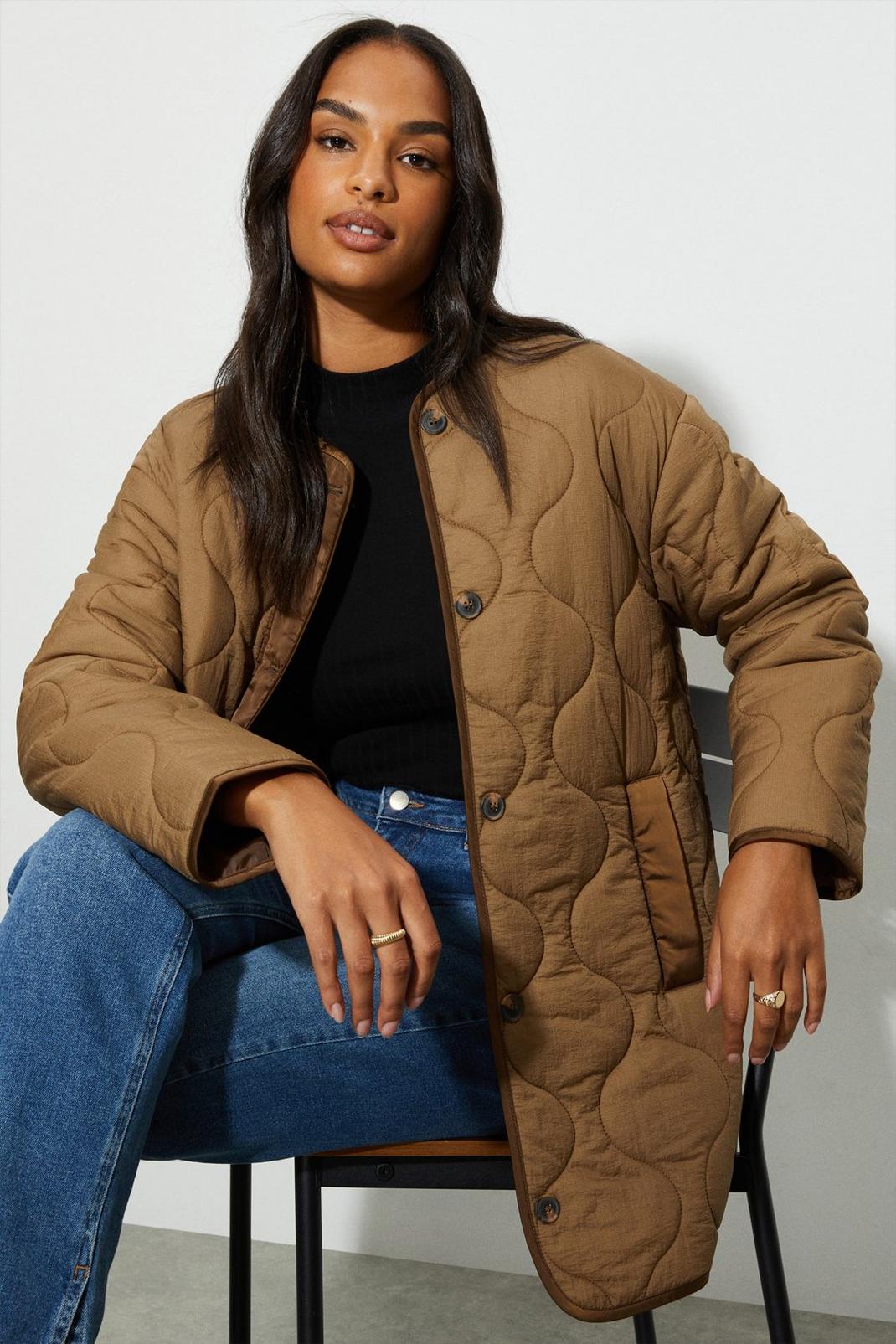 Chocolate Collarless Contrast Quilted Jacket image number 1