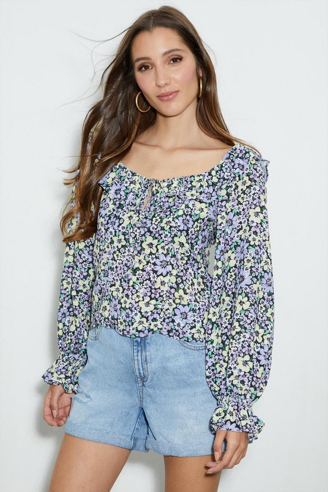 Blue Floral Ruffle Neck Top image number 1