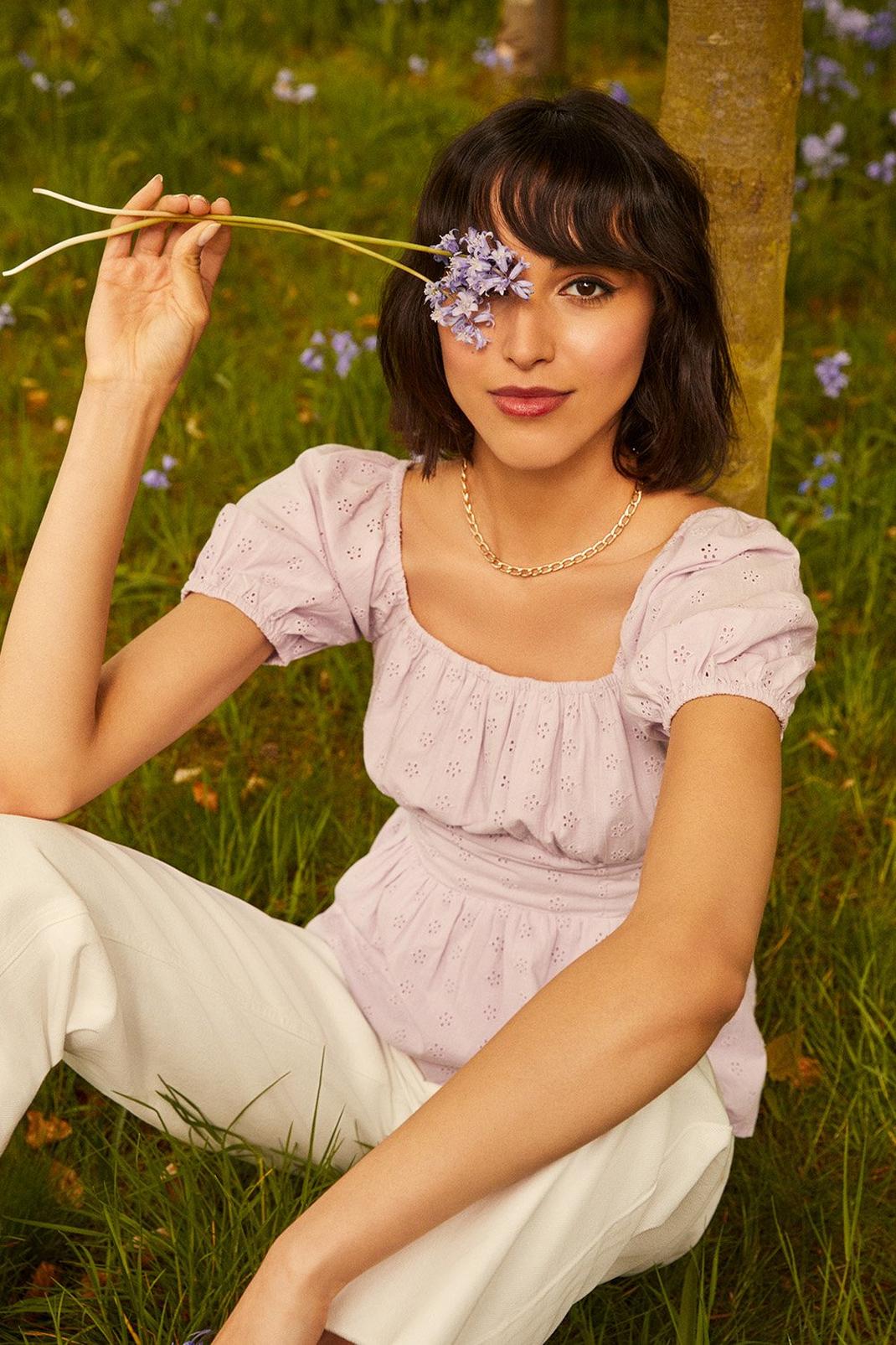 Lilac Broderie Milkmaid Blouse image number 1