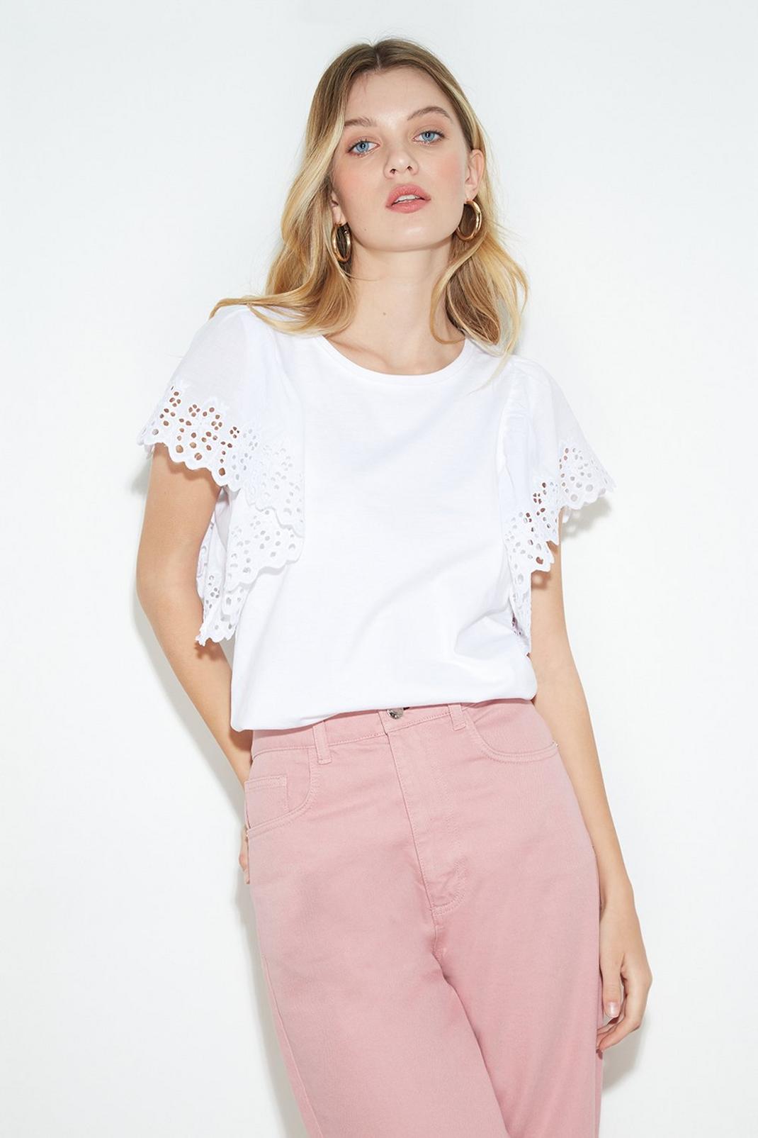 White Broderie Frill Sleeve T-shirt image number 1