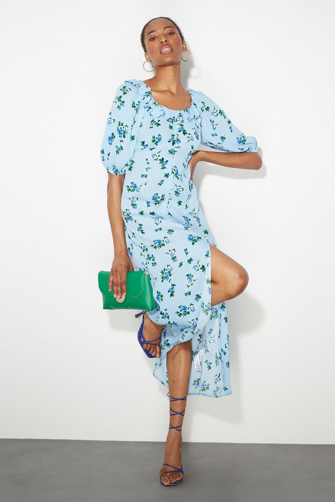 Tall Blue Floral  Button Midi Dress image number 1