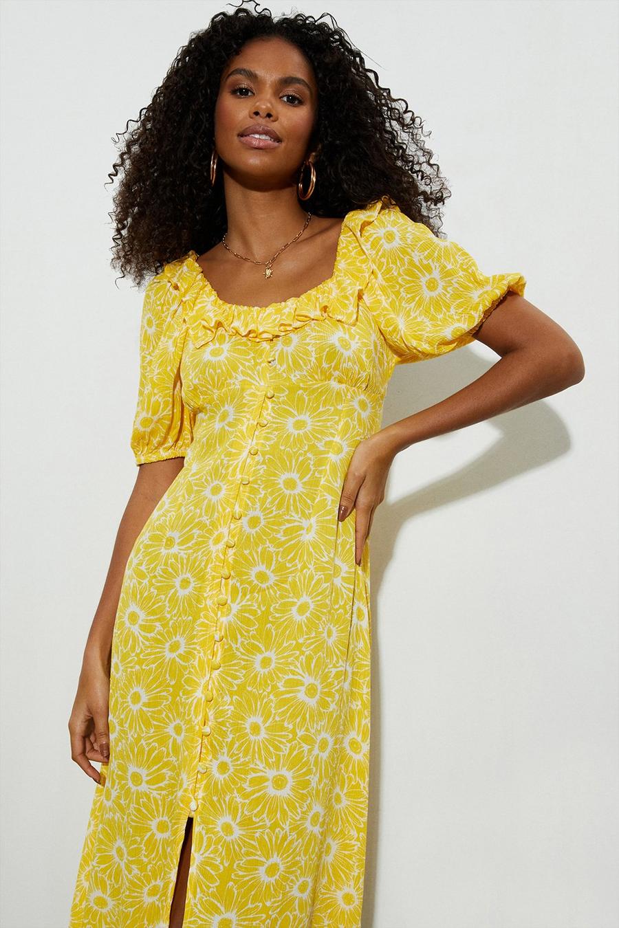 Petite  Yellow Floral  Button Midi Dress