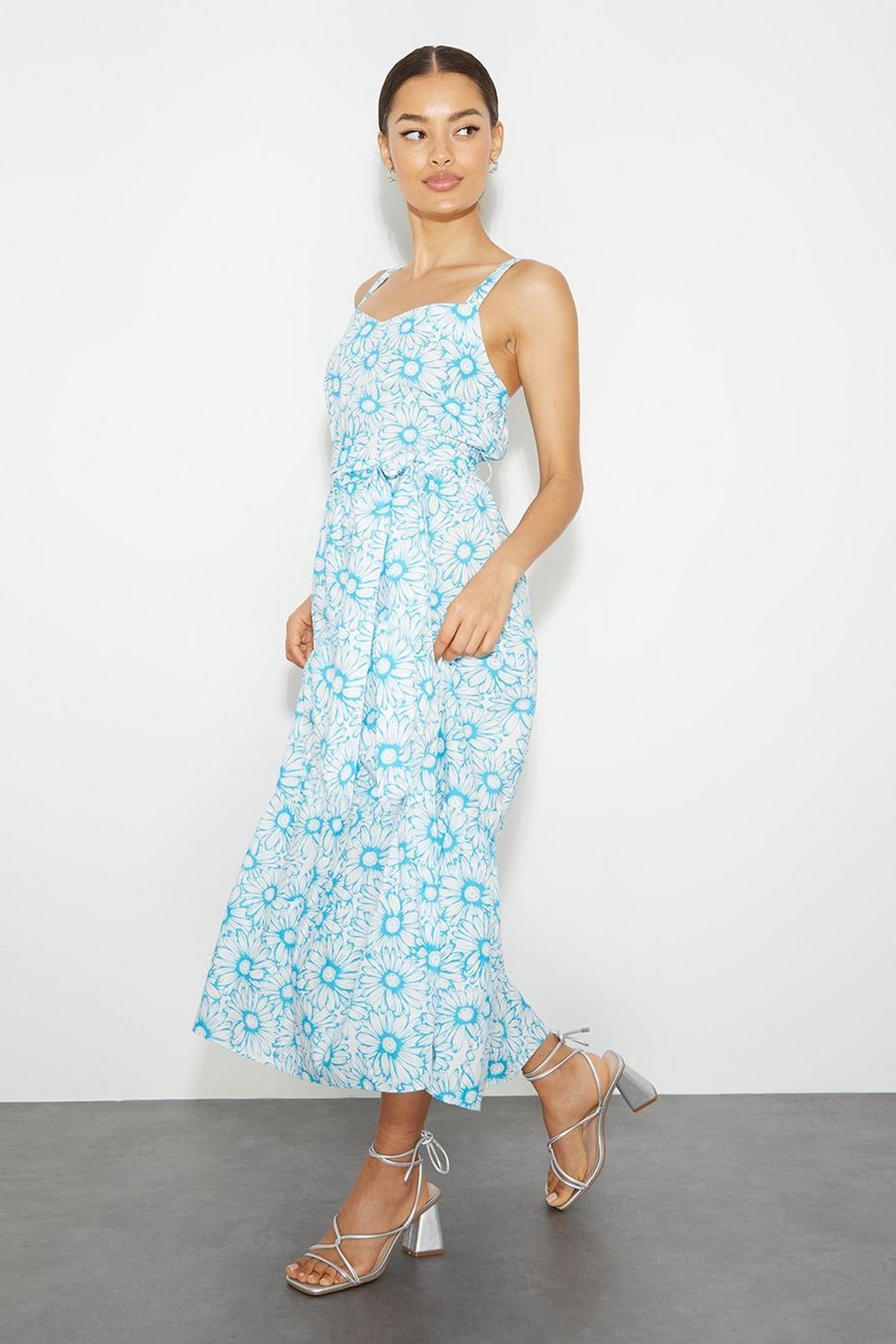 Petite Blue Floral Strappy Tie Waist Midaxi Dress image number 1