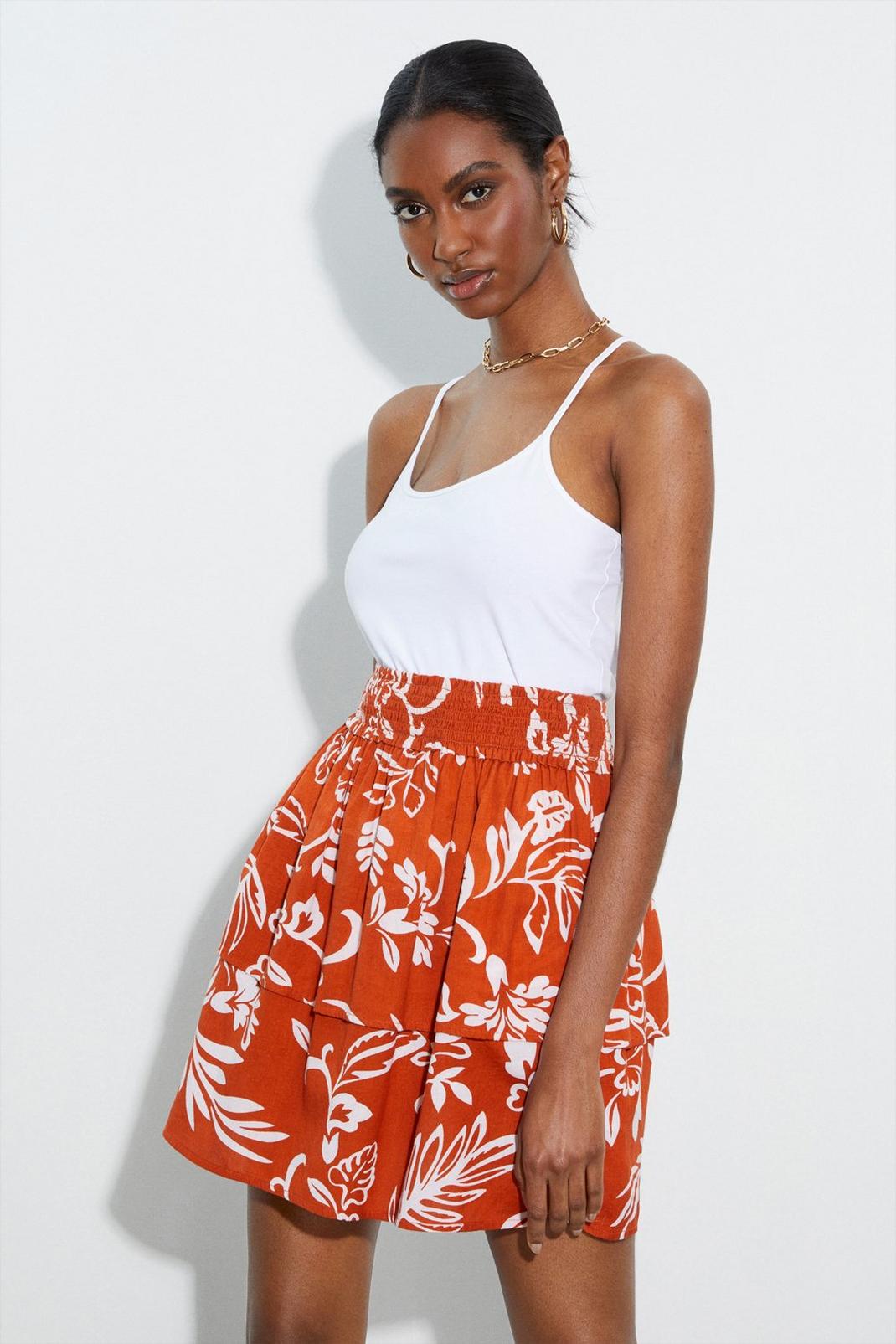 Terracotta Tall Floral Linen Look Frill Mini Skirt image number 1