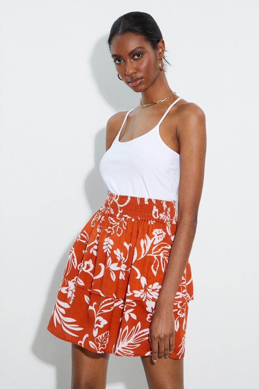 Tall Floral Linen Look Frill Mini Skirt