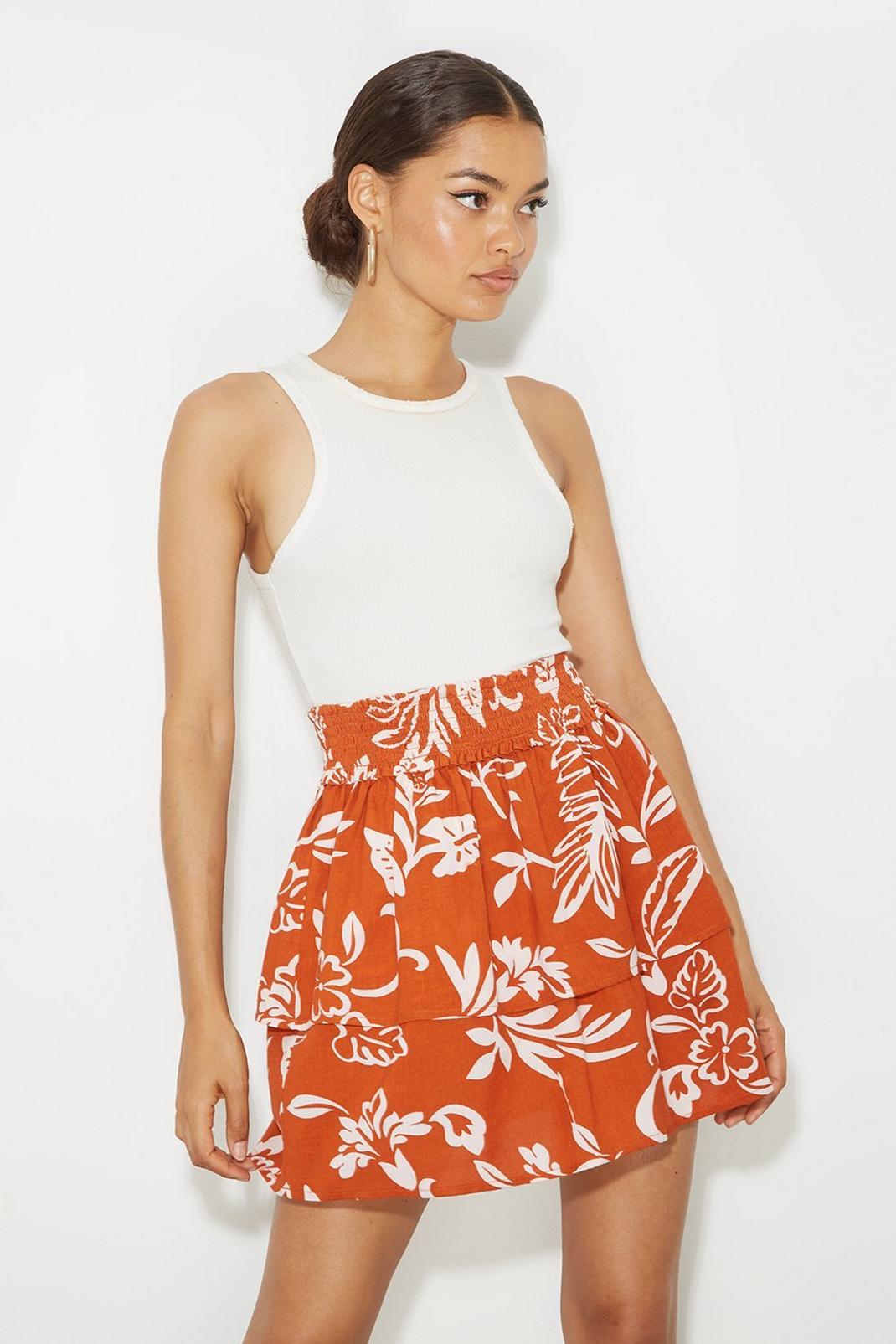 Terracotta Petite Floral Linen Look Frill Mini Skirt image number 1