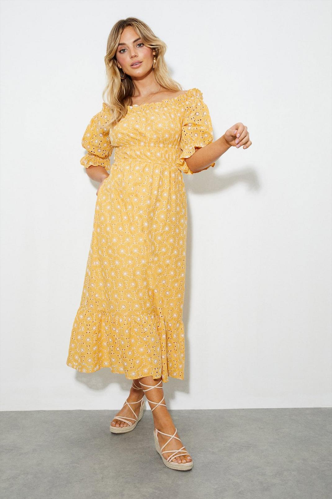 Tall Yellow Broderie Bardot Midaxi Dress image number 1