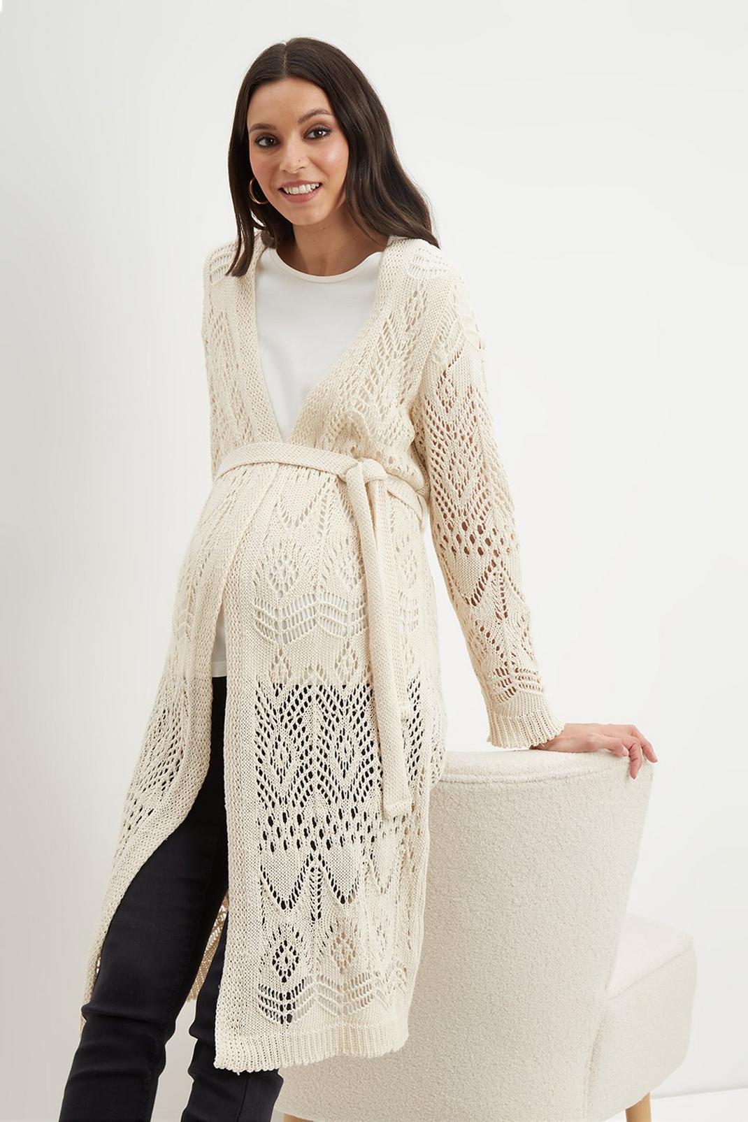 Ecru Maternity Crochet Longline Cardigan image number 1