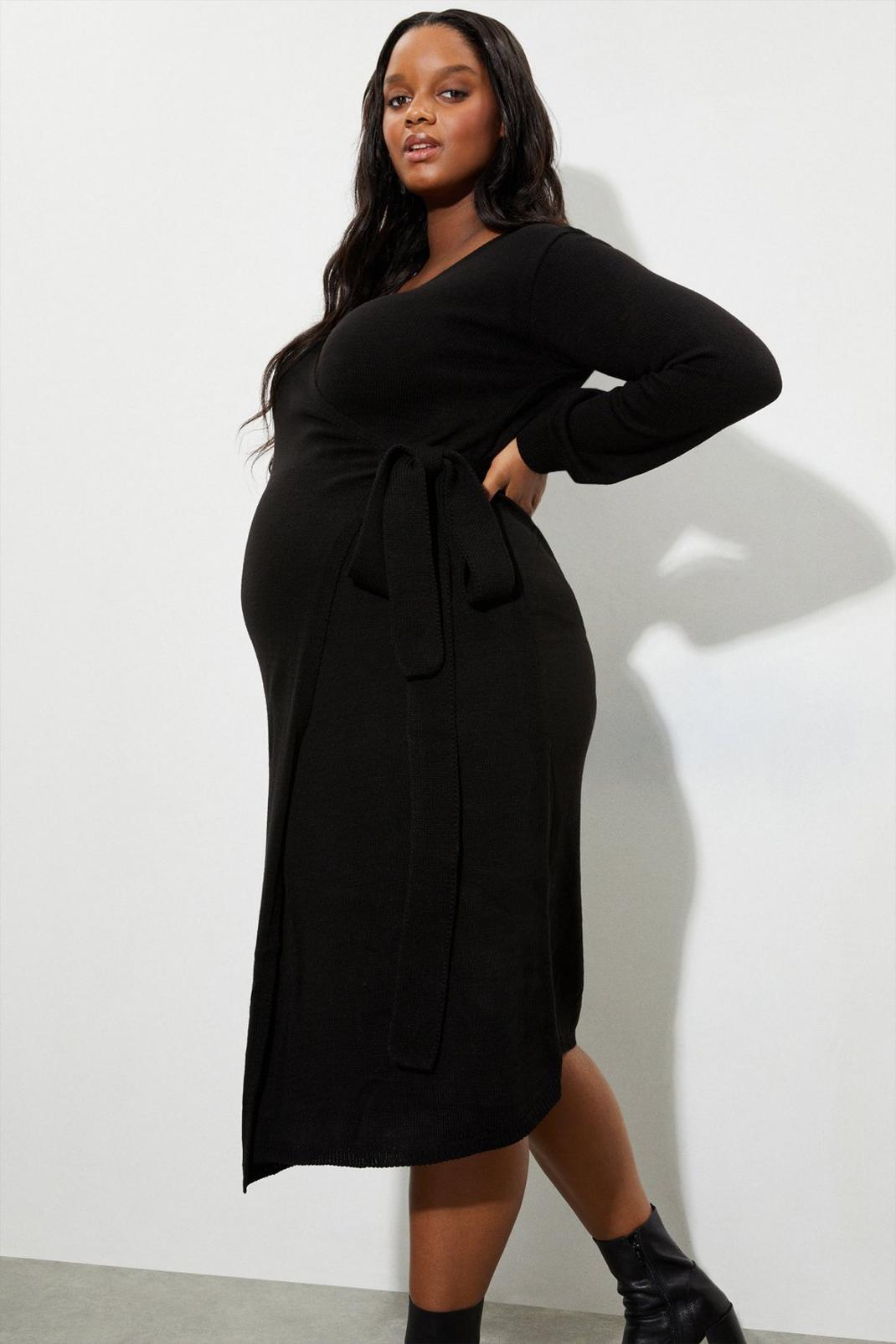 Black Maternity and Nursing Knit Wrap Cardigan Dress image number 1