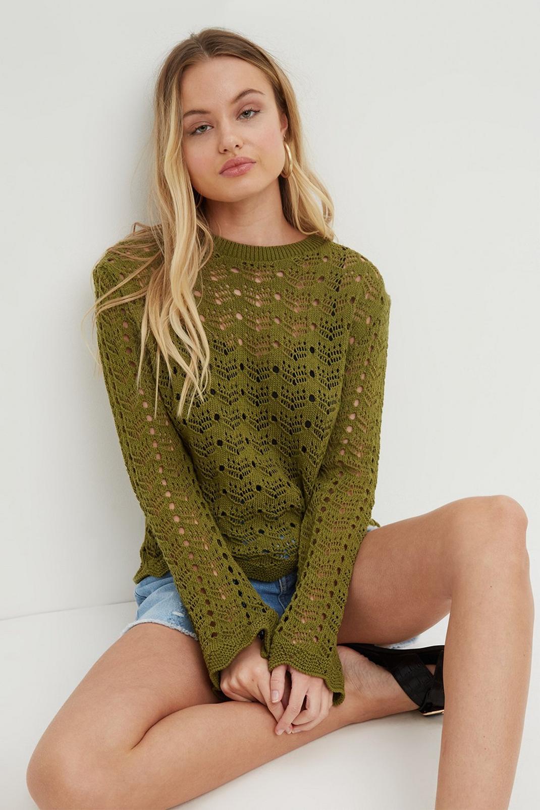 Green Petite Crochet Knit Bell Sleeve Top image number 1