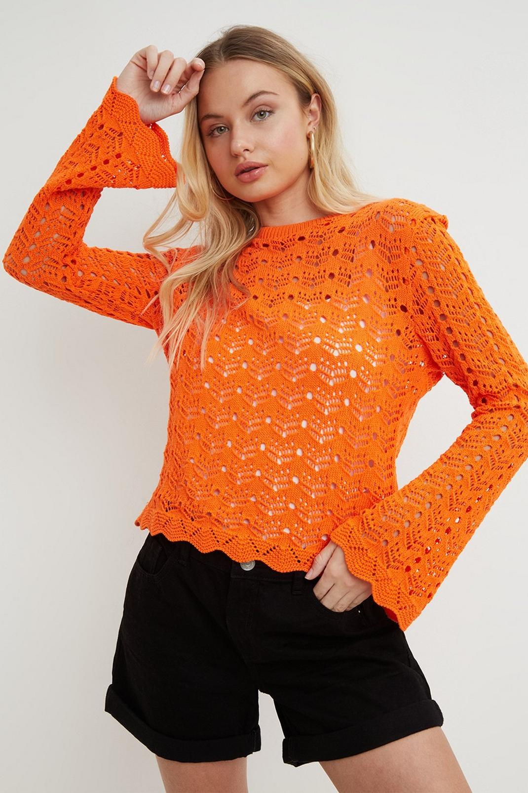 Orange Tall Crochet Knit Bell Sleeve Top image number 1