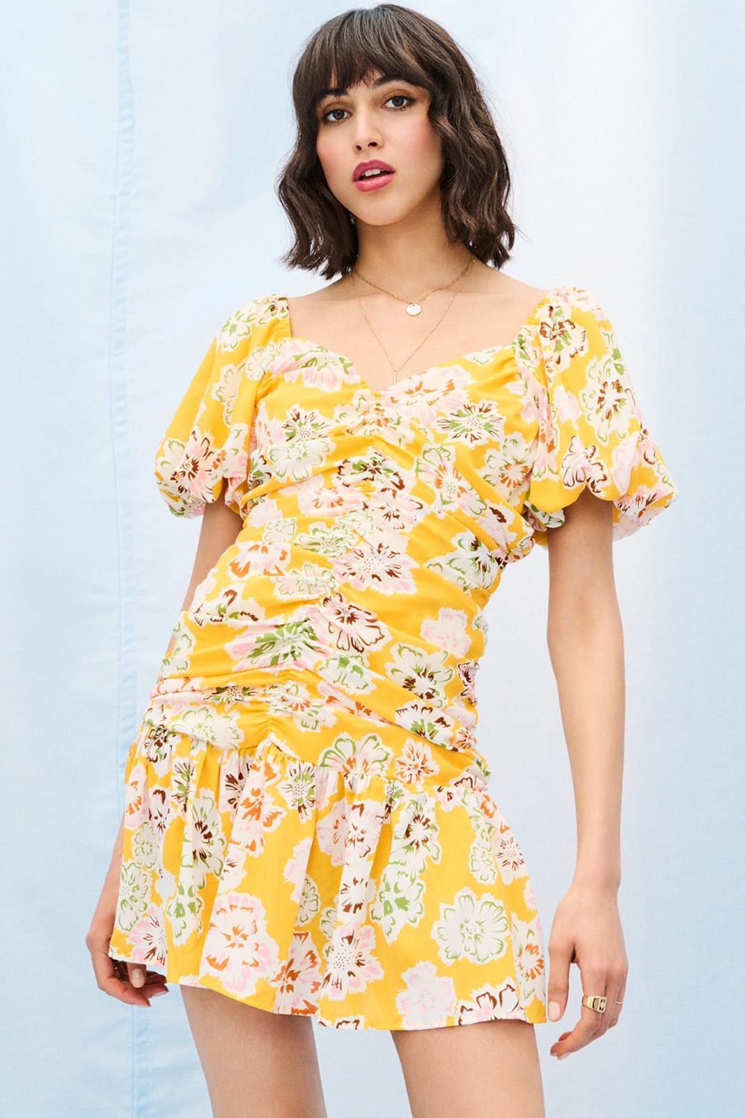 Yellow Large Floral Ruched Mini Dress image number 1
