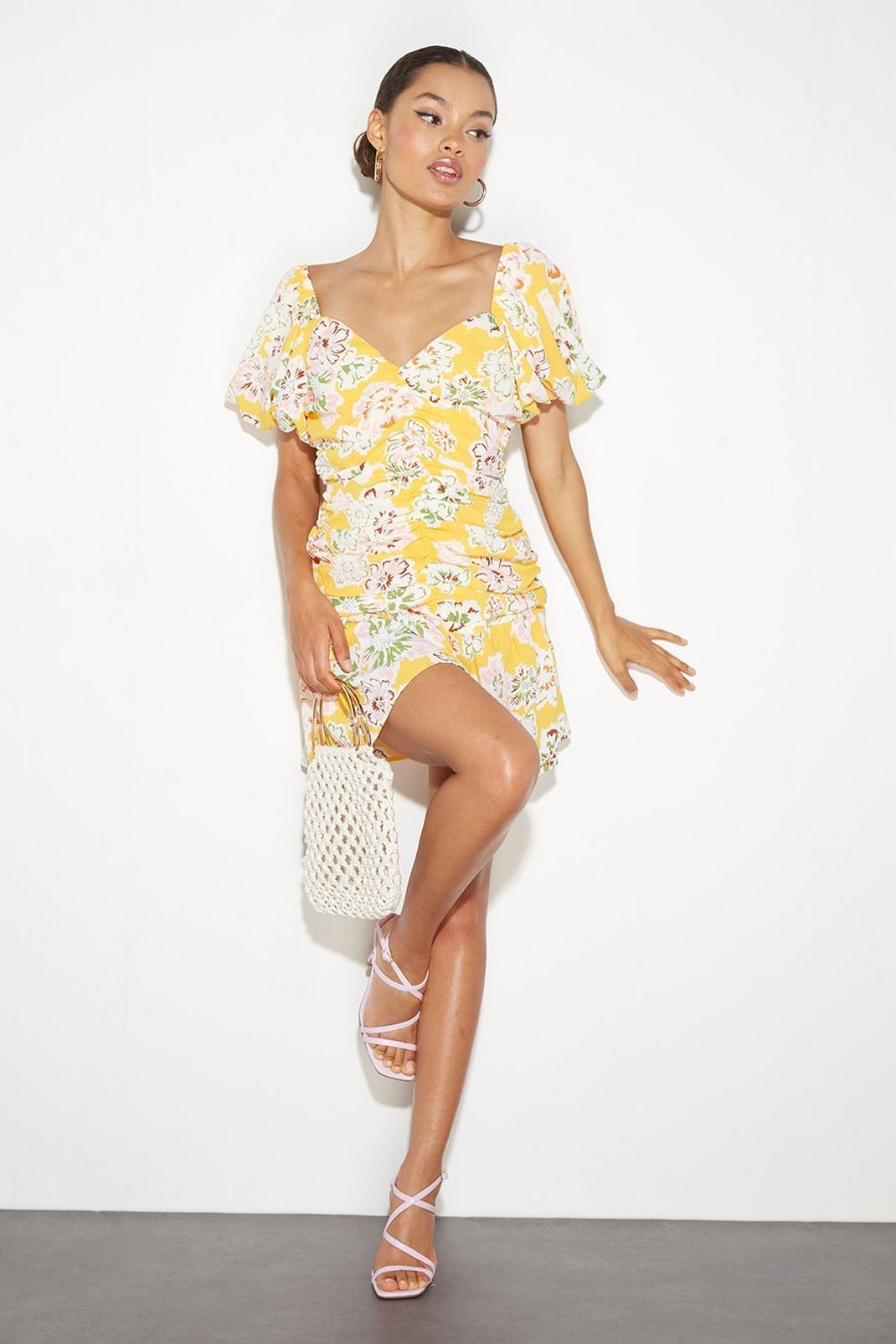 174 Yellow Large Floral Ruched Mini Dress image number 2