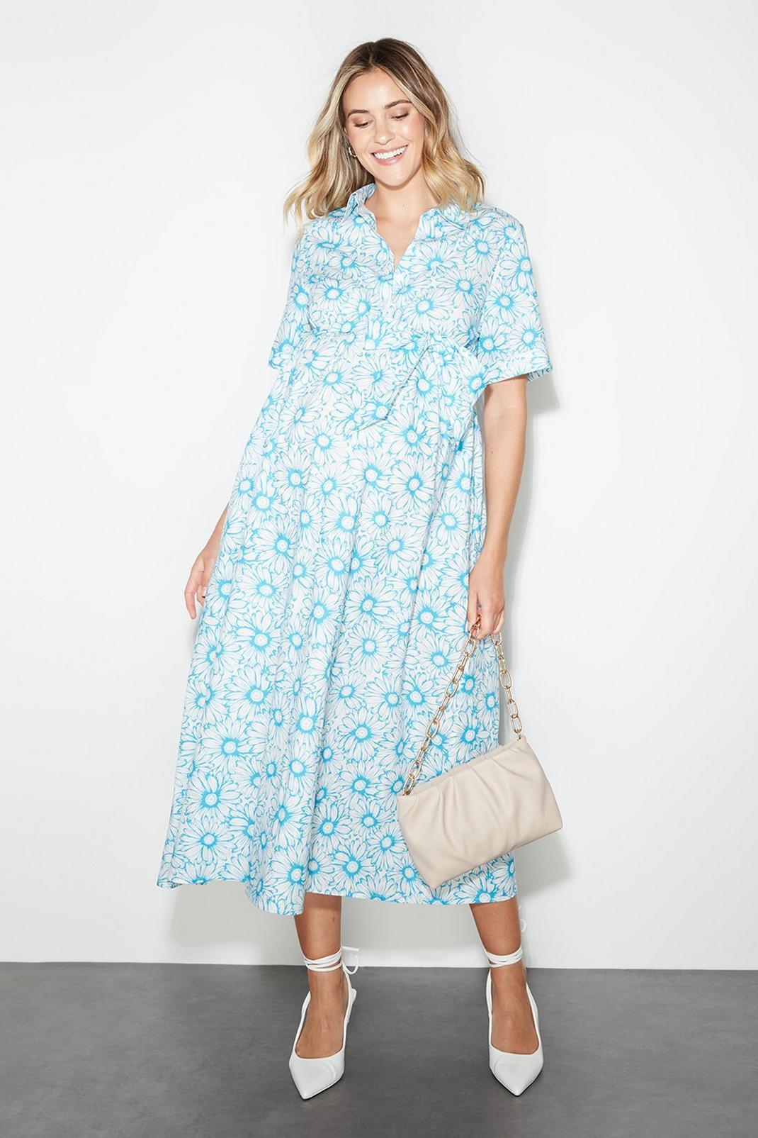 Blue Maternity Daisy Cotton Poplin Shirt Dress​ image number 1