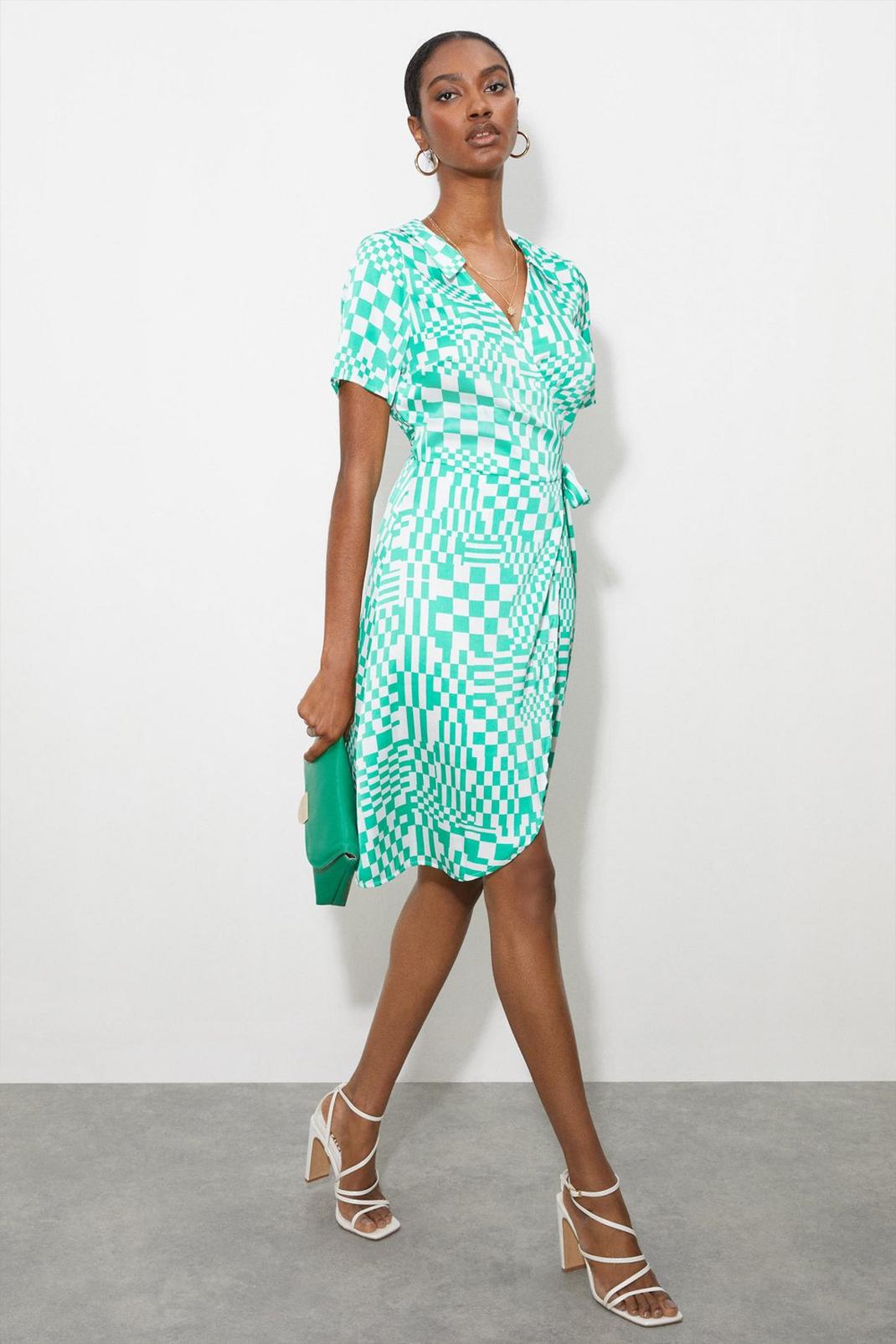 Tall Green Geo Print Tie Front Shirt Dress​ image number 1