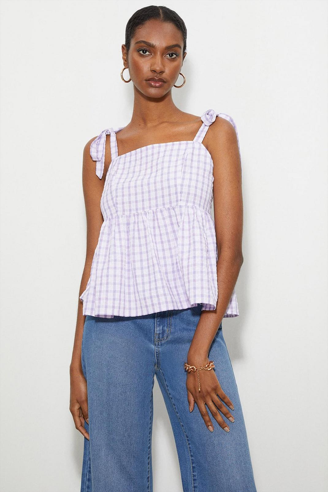 Tall Lilac Gingham Tie Shoulder Top image number 1