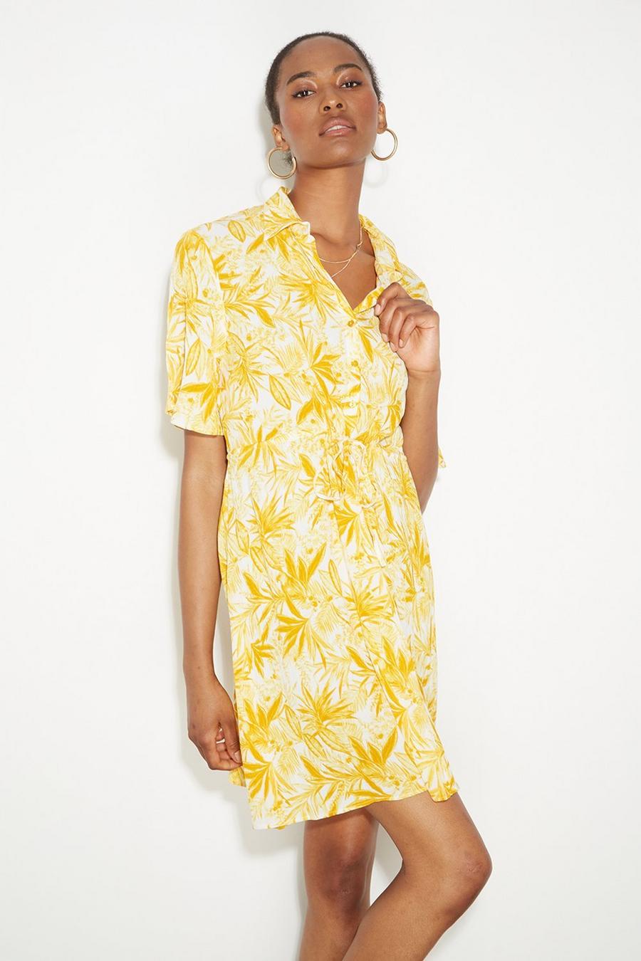 Tall Yellow Tropical Tie Waist Shirt Dressâ€‹