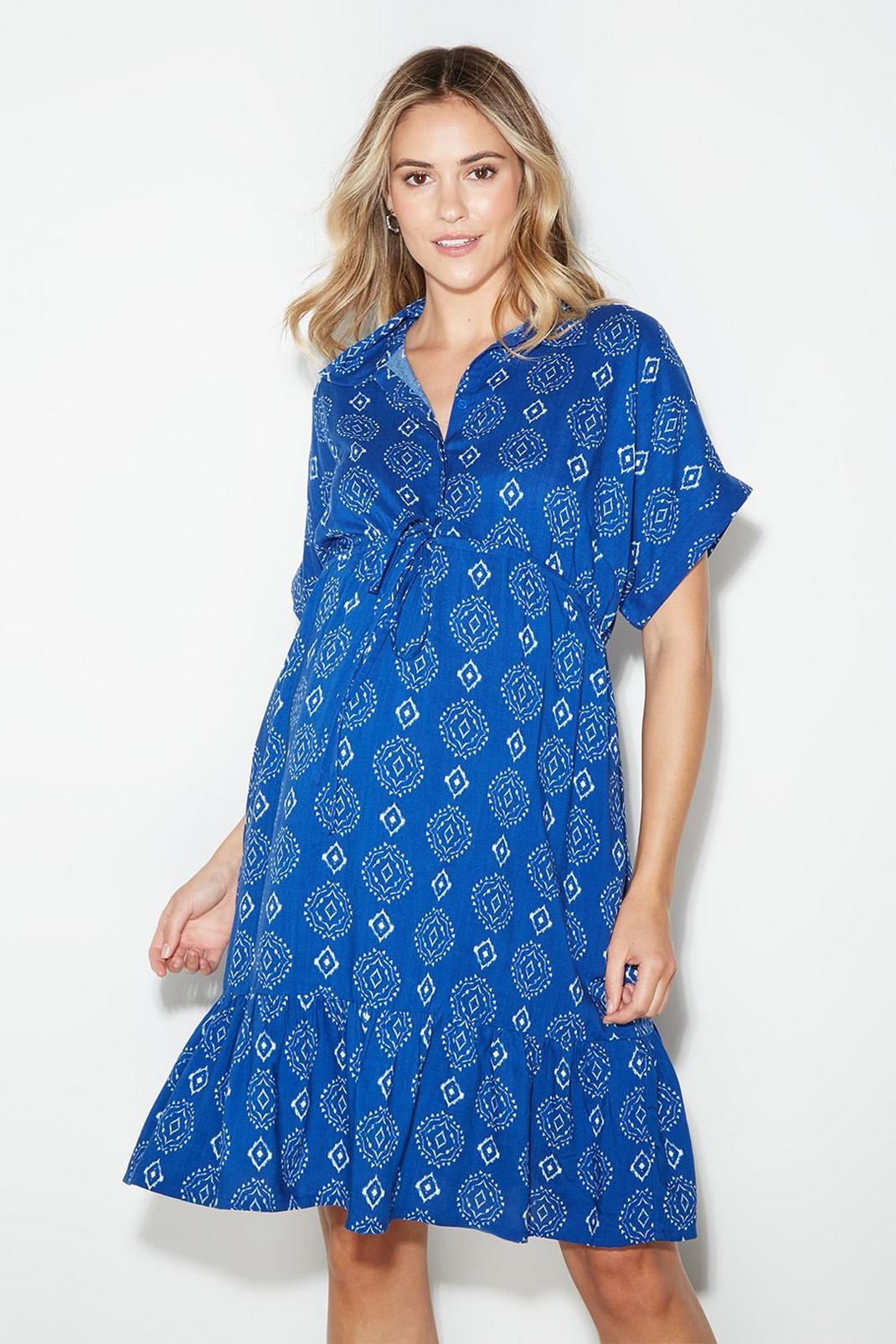 Maternity Blue Geo Frill Hem Shirt Dress​ image number 1