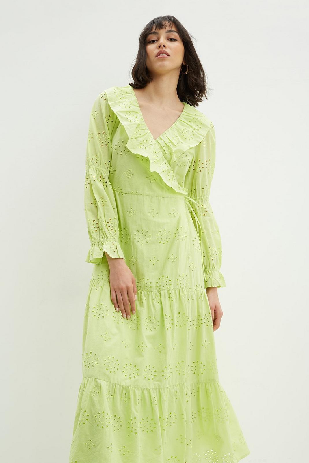Lime Tall Broderie Wrap Frill Midi Dress image number 1