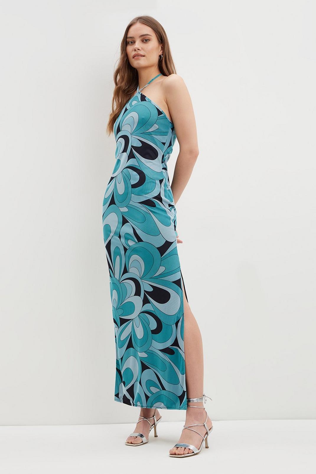 106 Blue Swirl Print Halterneck Maxi Dress image number 2