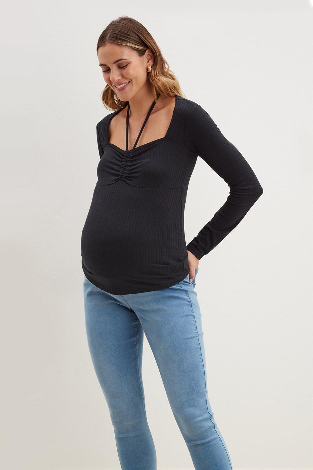 Black Maternity Long Sleeve Rib Top With Strap Detail image number 1