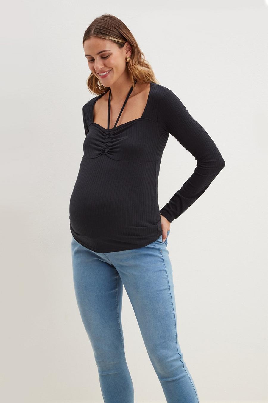Maternity Long Sleeve Rib Top With Strap Detail