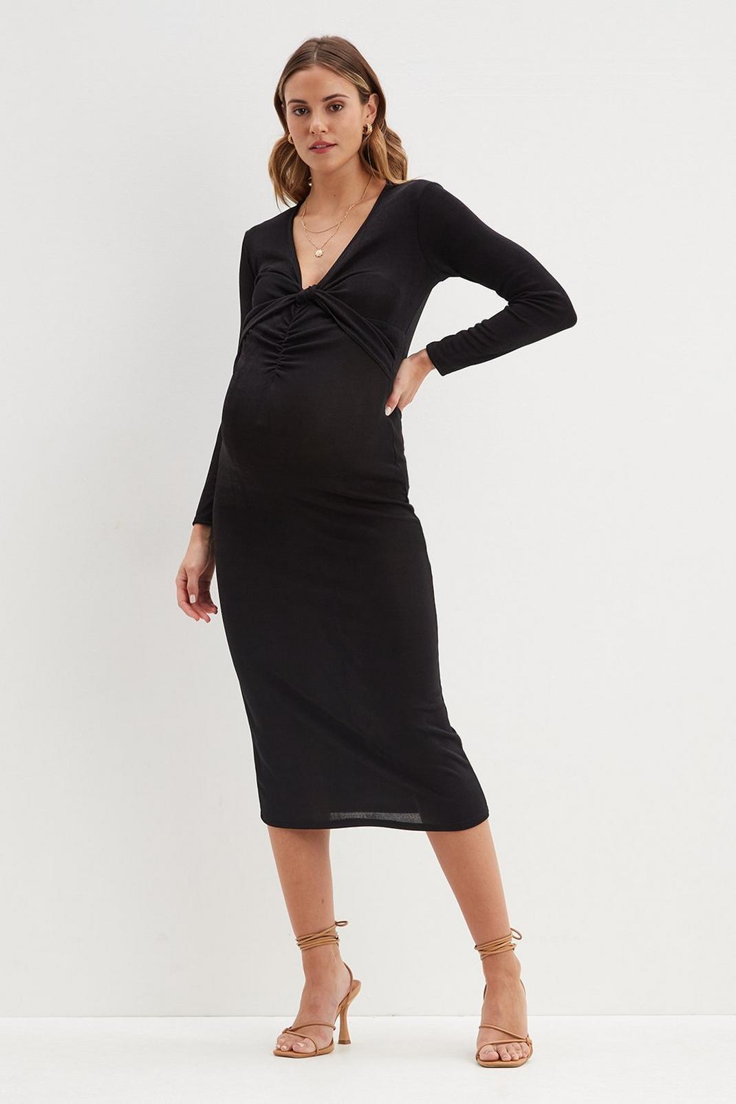 Black Maternity Ruched Front V Neck Dress image number 1
