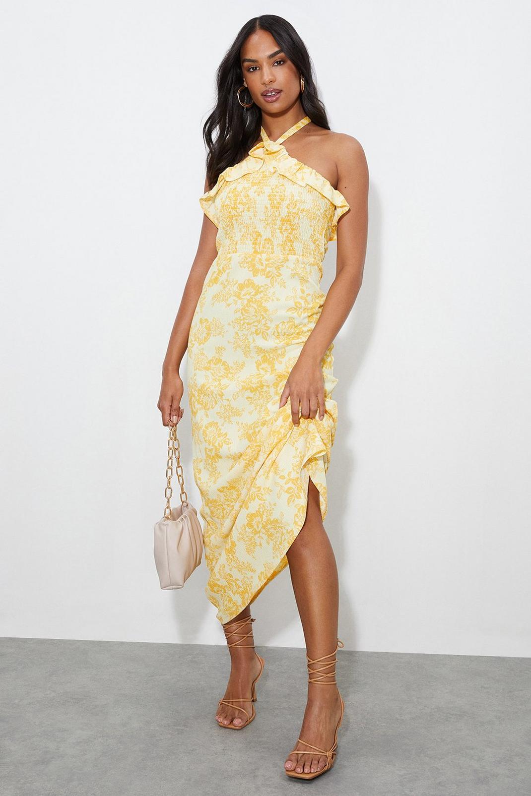 174  Yellow Floral Textured Shirred Maxi Dress image number 1