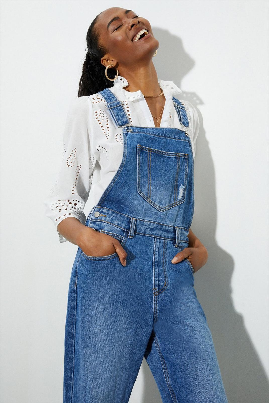 Mid wash Tall Rip Detail Casual Dungaree image number 1