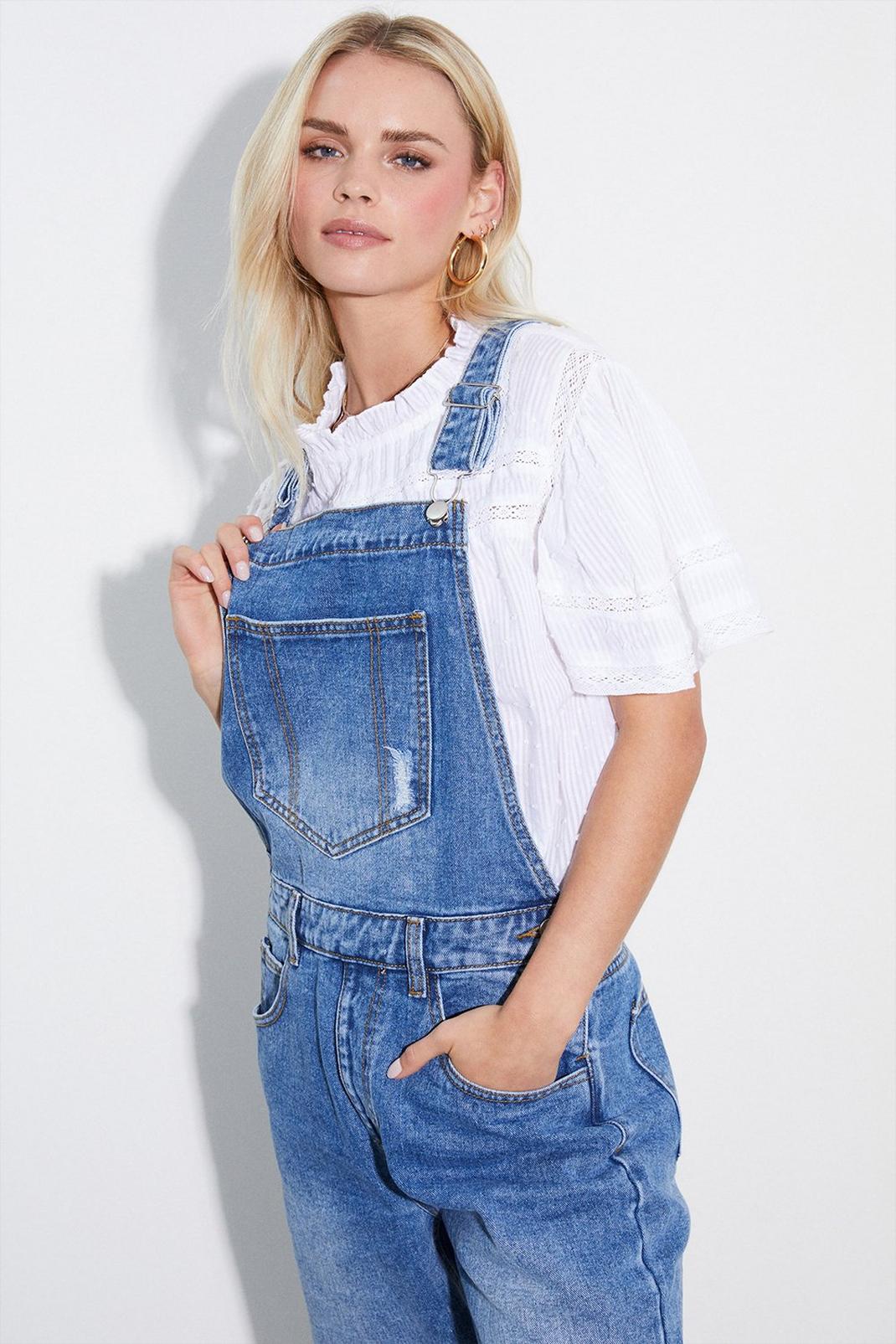 Mid wash Petite Rip Detail Casual Dungarees image number 1