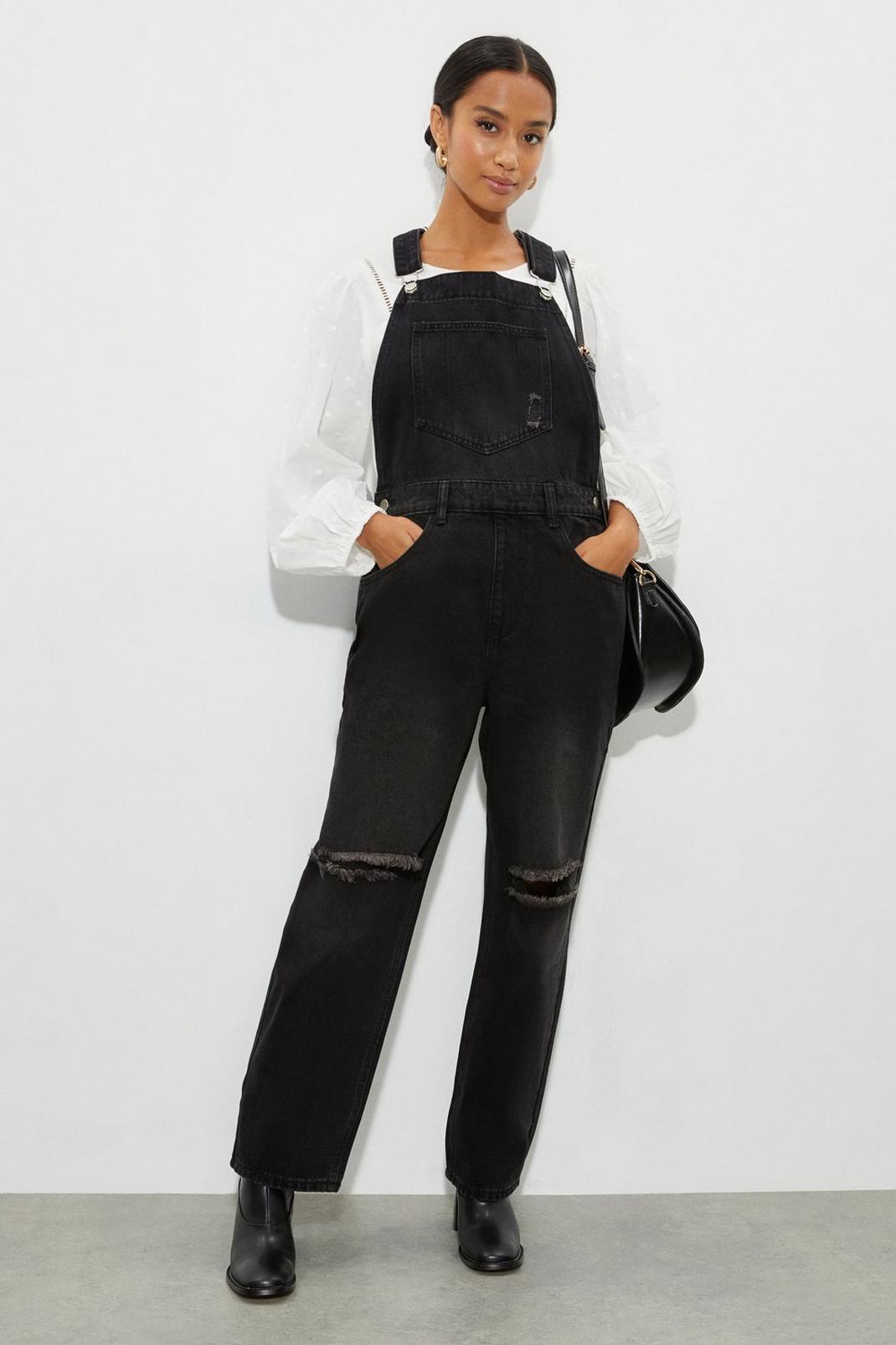 Washed black Petite Rip Detail Casual Dungarees image number 1