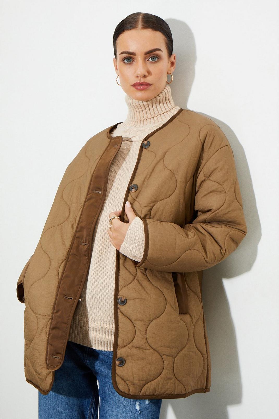 Chocolate Petite Collarless Contrast Quilted Jacket image number 1