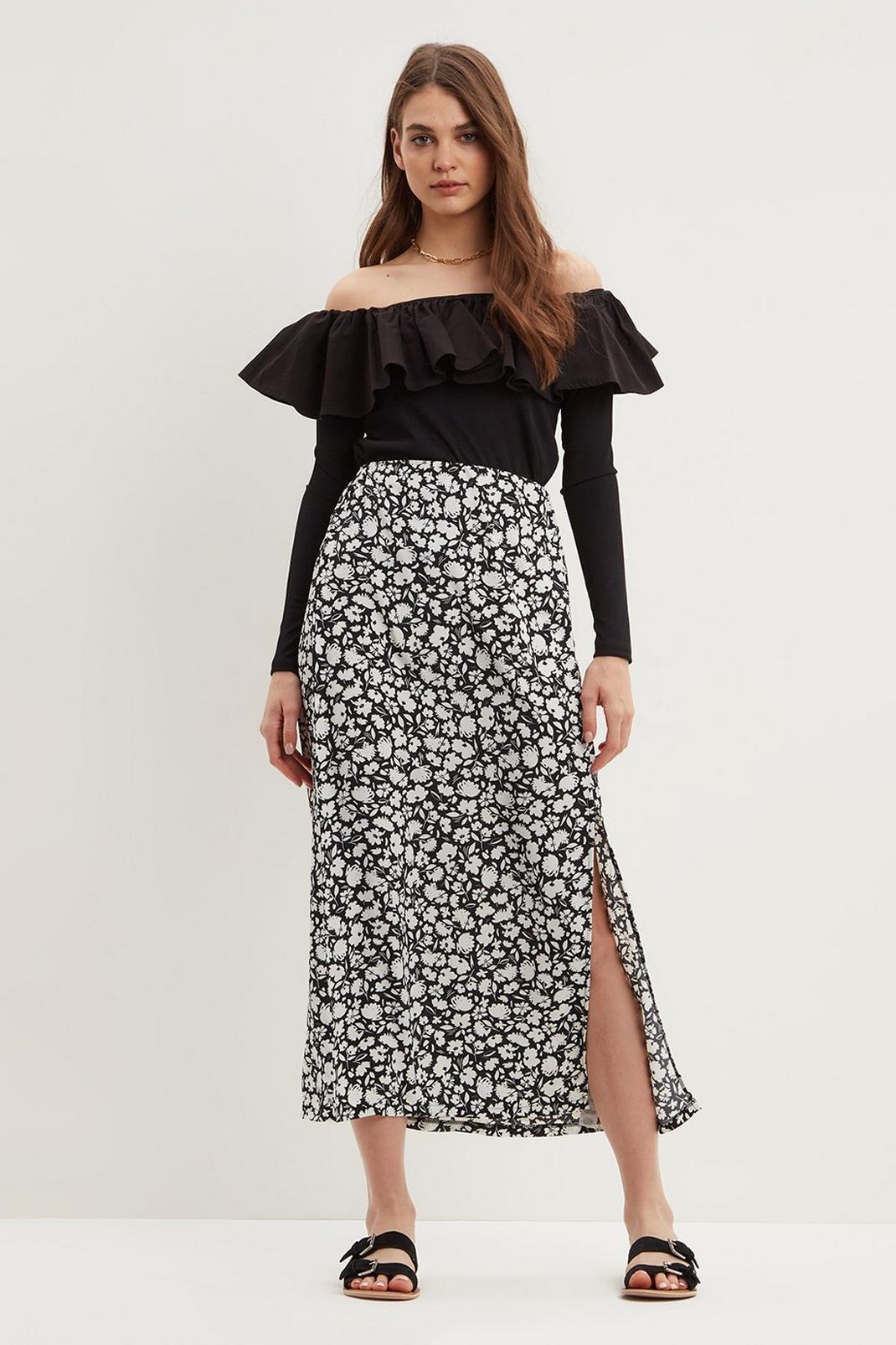 Black Floral Split Midi Skirt image number 1
