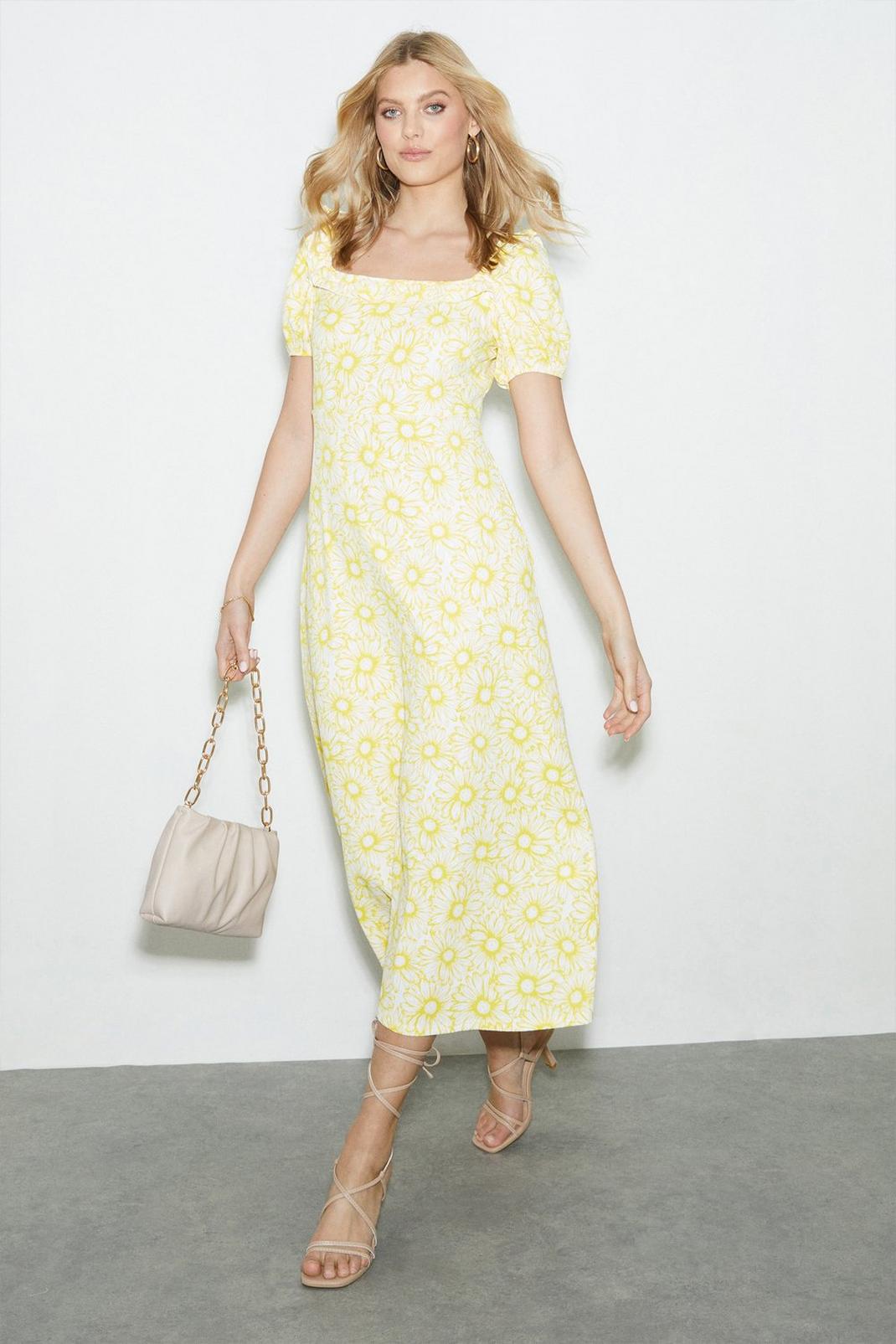 Yellow Floral Textured Square Neck Midi Dress image number 1