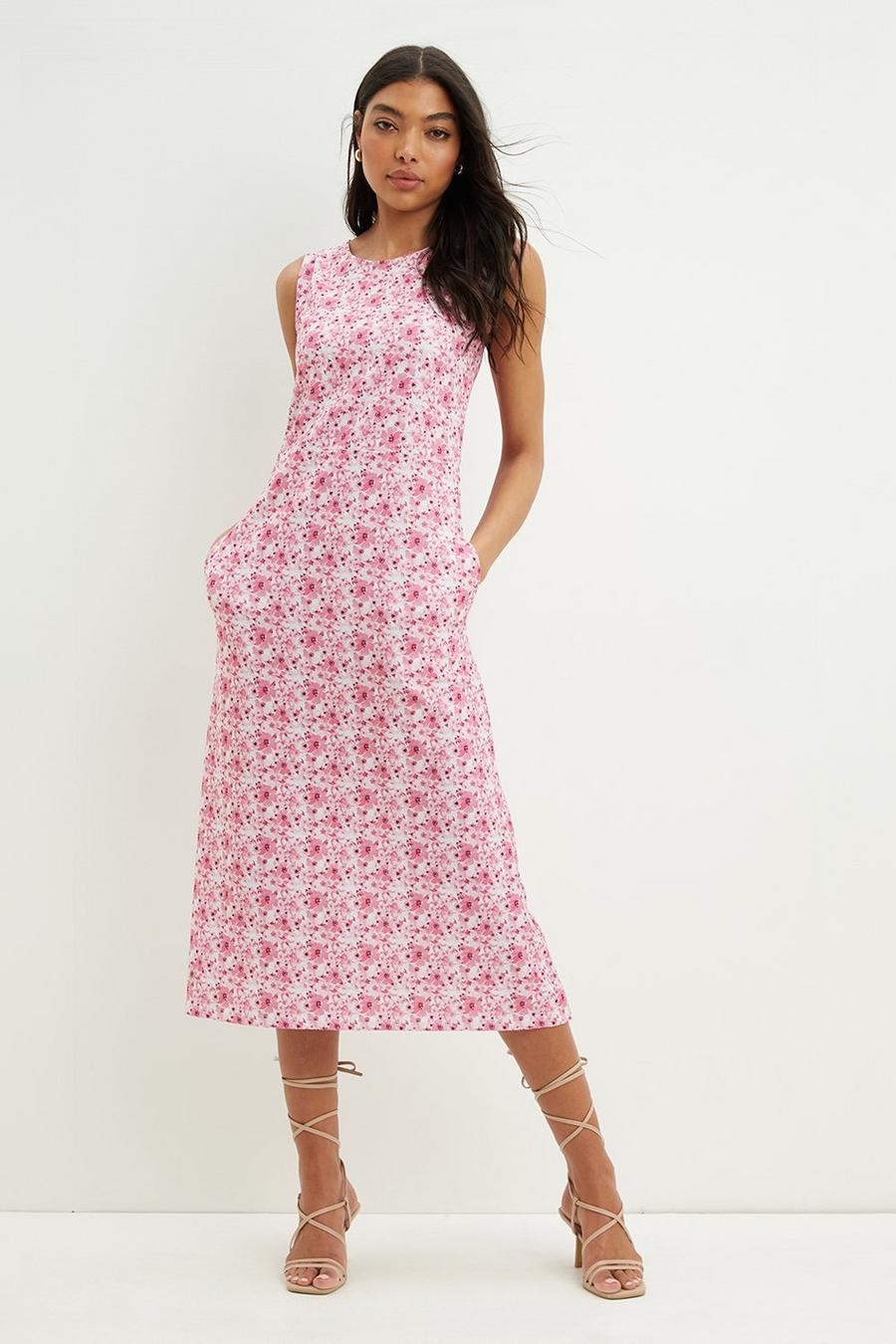 Pink Floral Textured Midi Dress