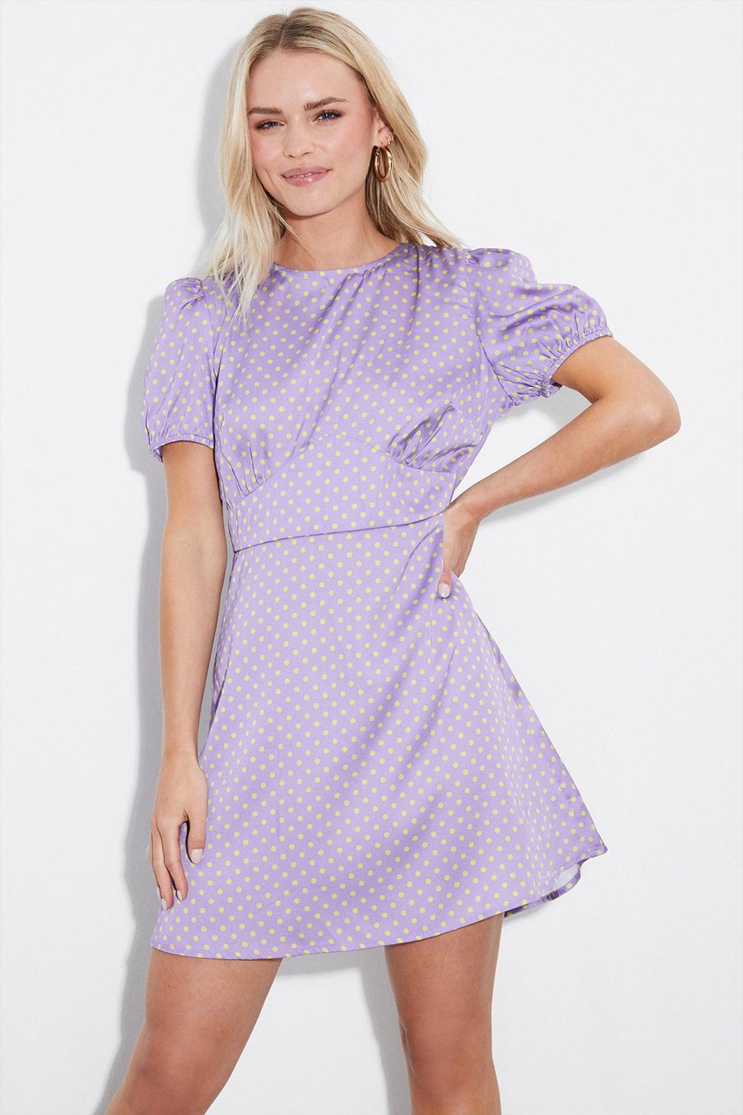Petite Lilac Spot Satin Mini Dress ​ image number 1