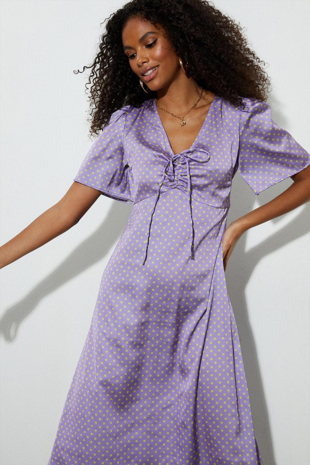 Petite Lilac Spot Satin Angel Sleeve Dress image number 1