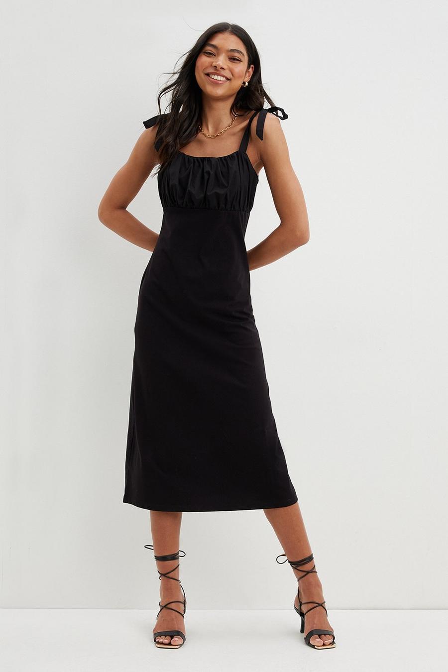 Black Poplin Tie Shoulder Midi Dress