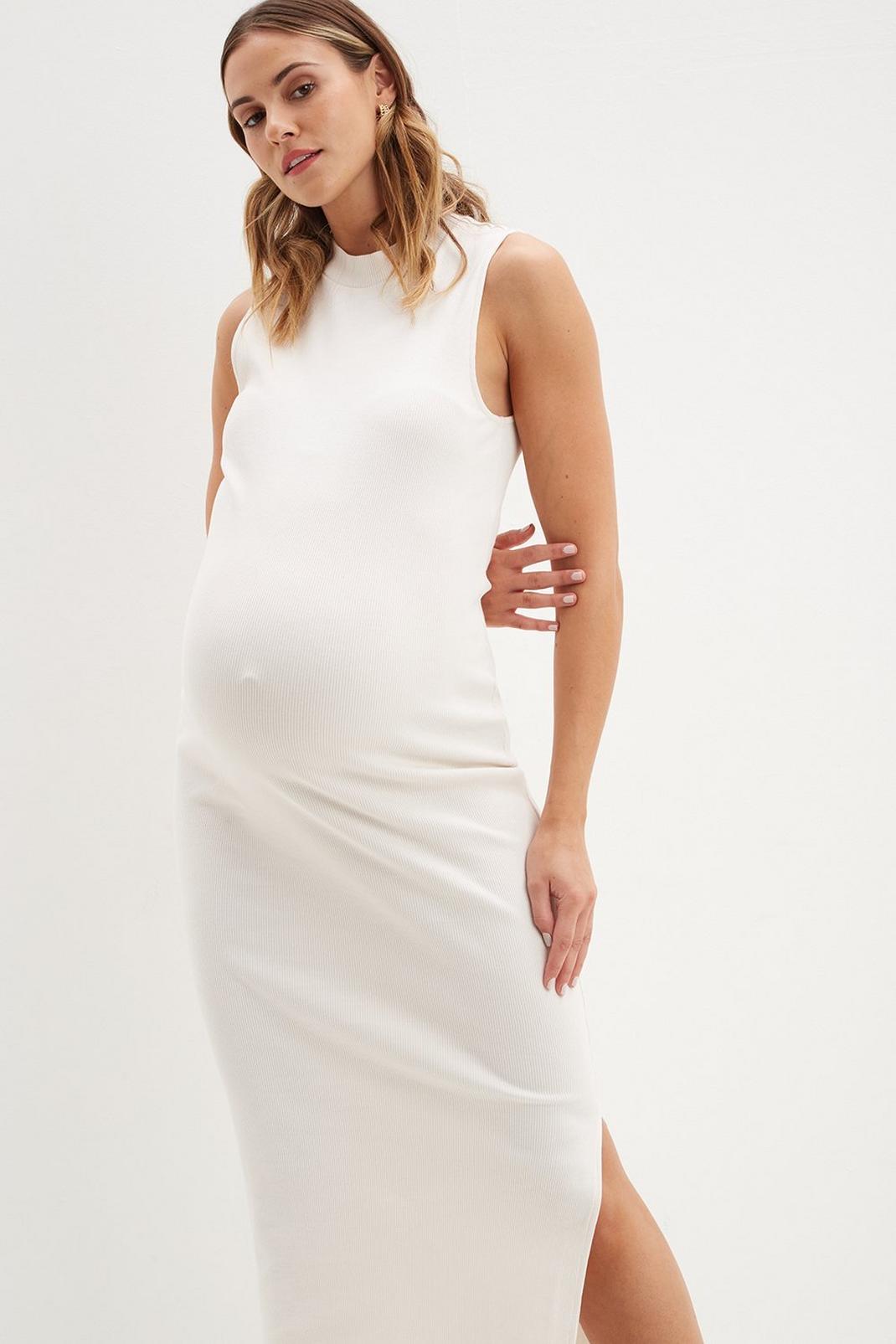 Maternity Cream High Neck Premium Rib Dress image number 1