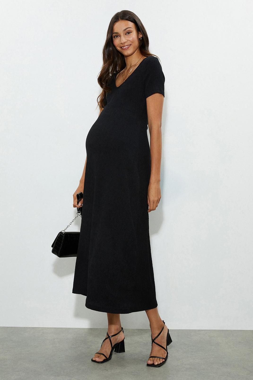 Black Maternity Textured Ruched Midi Dress image number 1