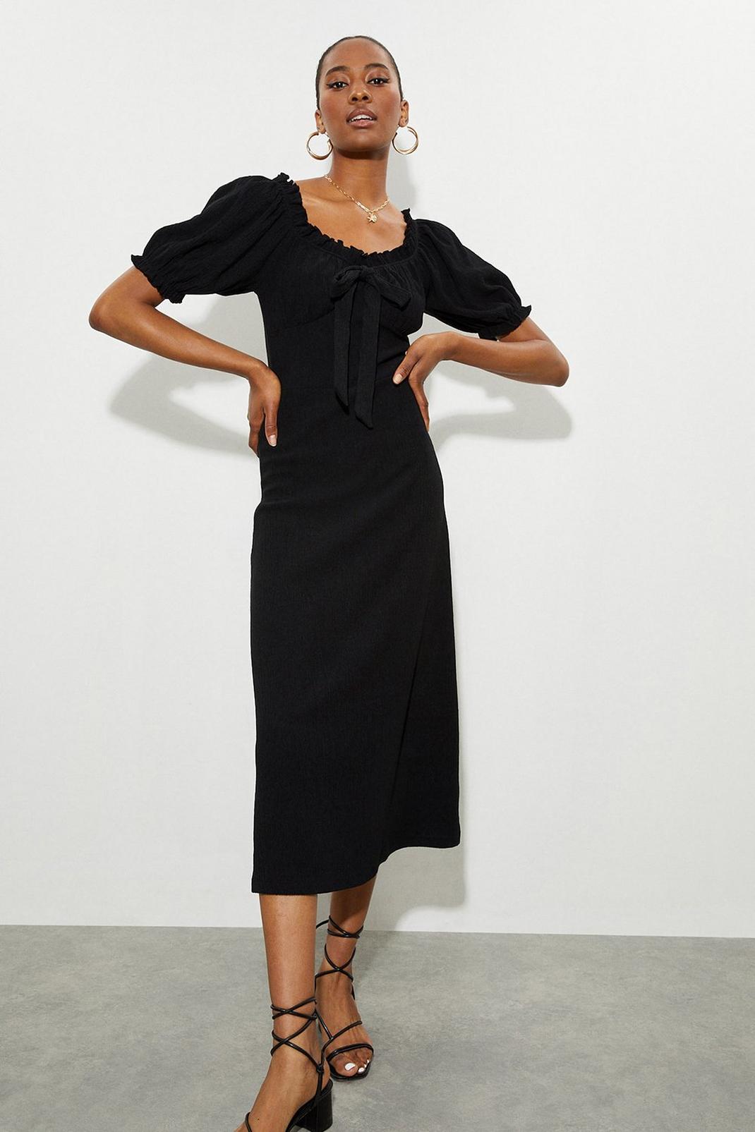 Black Tall Textured Crinkle Ruched Midi Dress image number 1